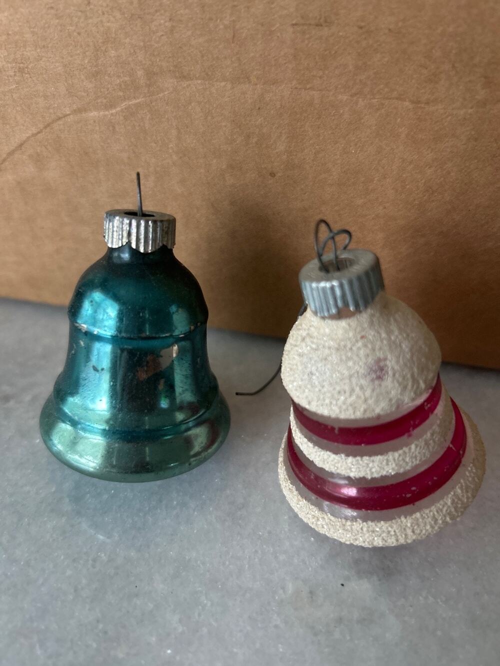 Vintage Shiny Brite Glass Christmas Ornaments Bell Unsilvered Sugared Mica Pair